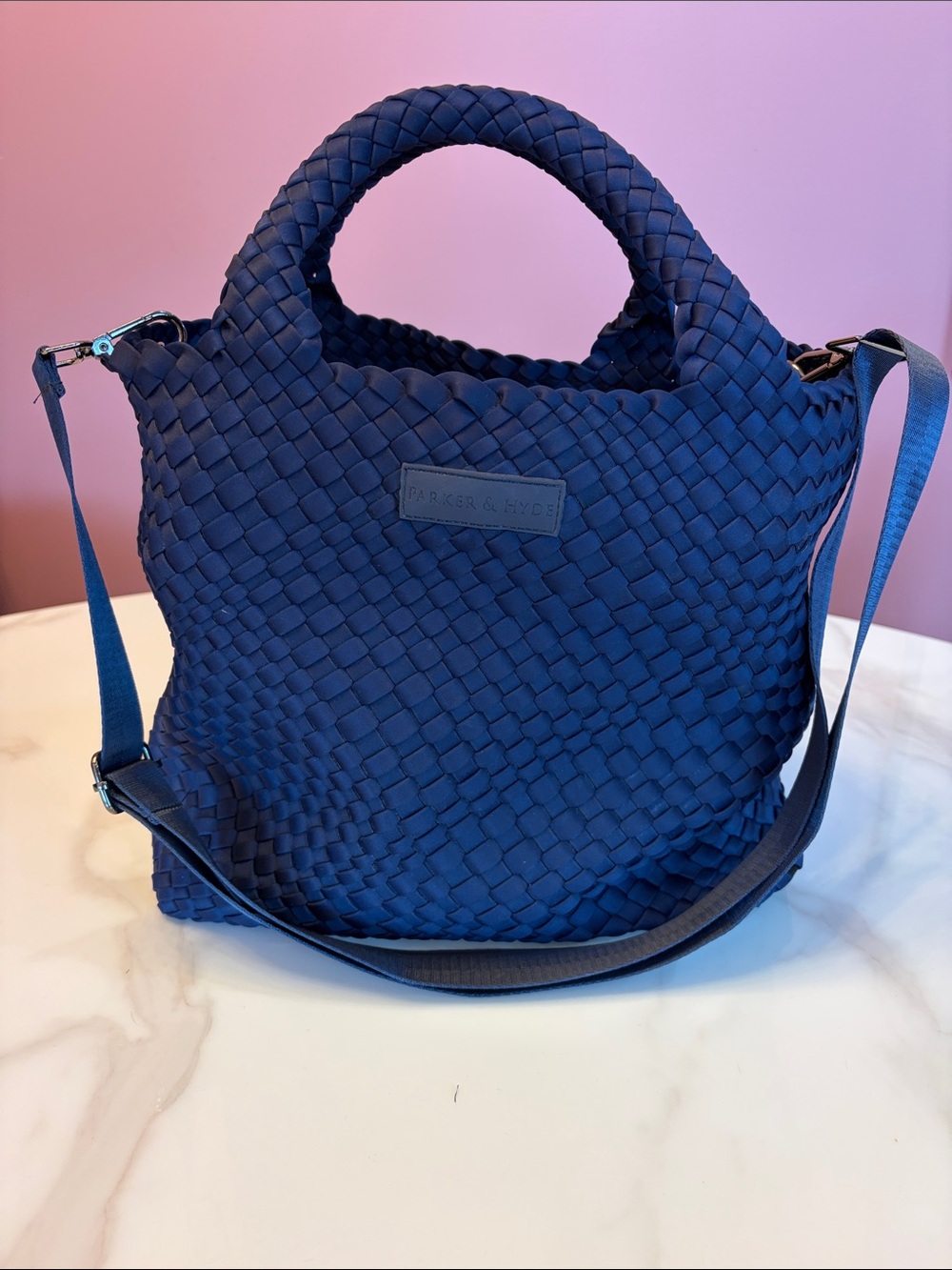 Braided Navy Shoulder Bag with Detachable Crossbody Strap